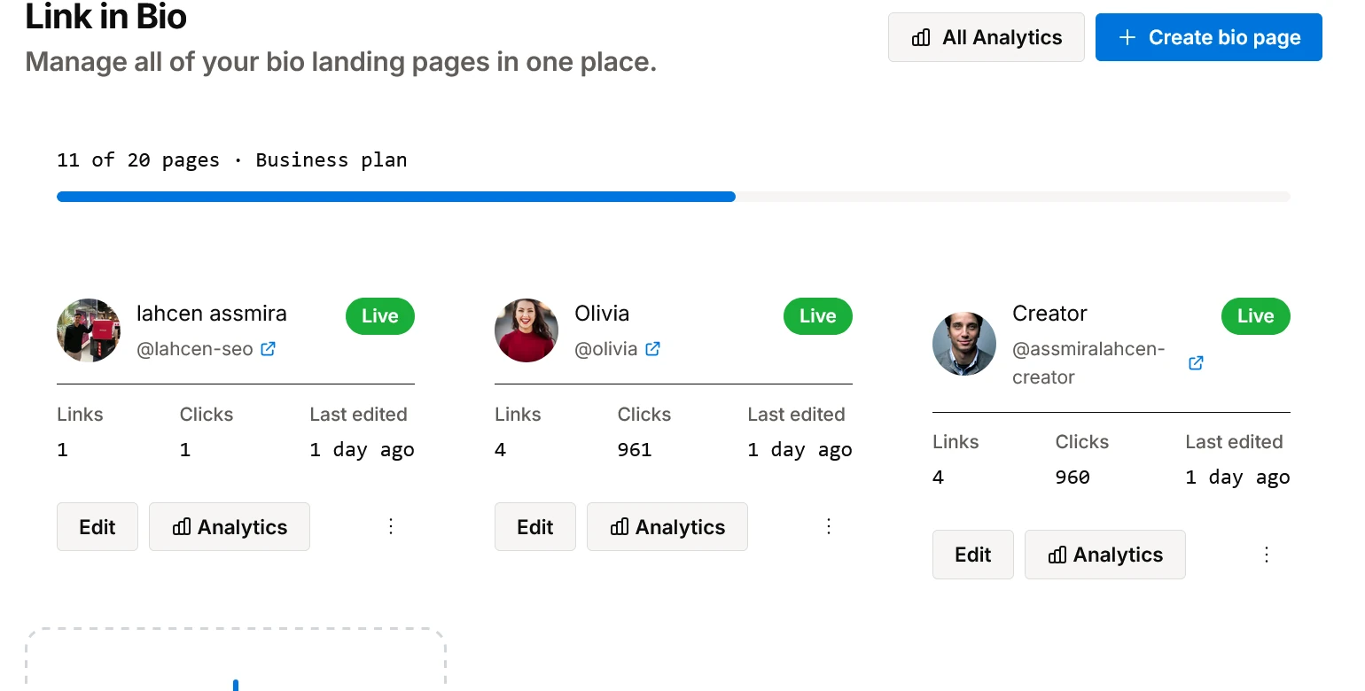 URLdn Link in Bio dashboard showing a list of bio pages with views, clicks, and plan usage