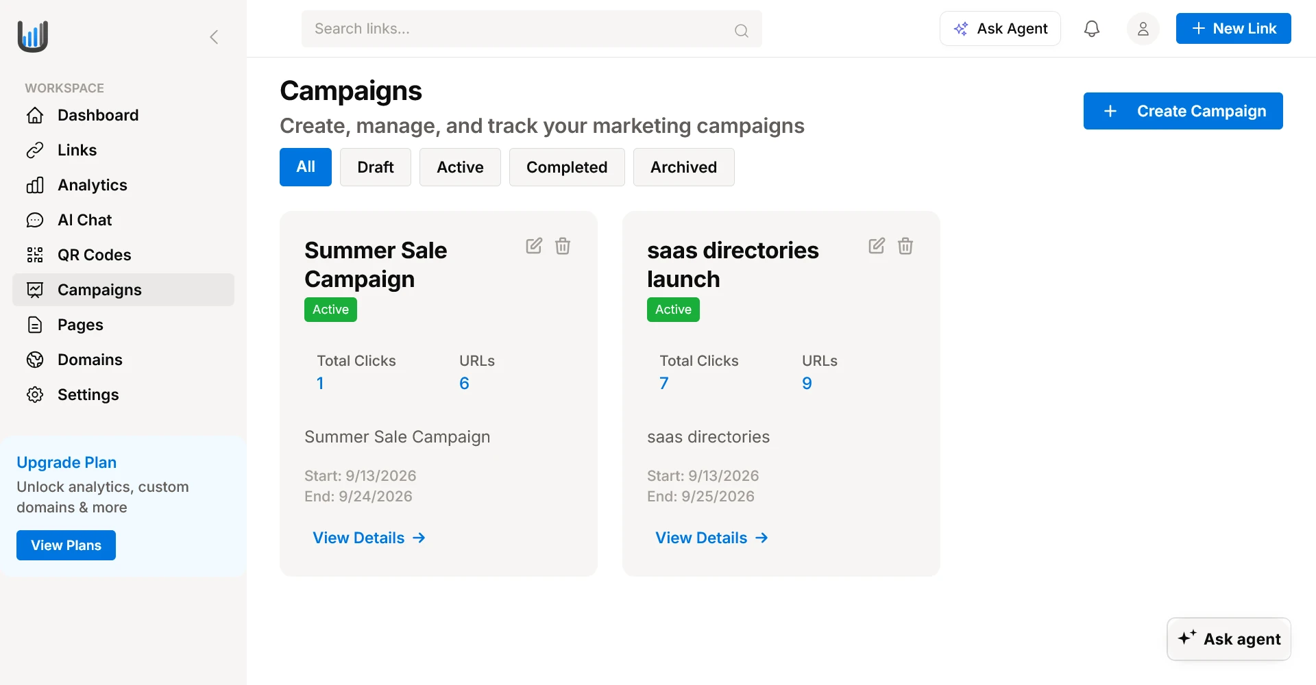 URLdn Campaigns list showing active campaigns with total clicks, URL counts, and status
