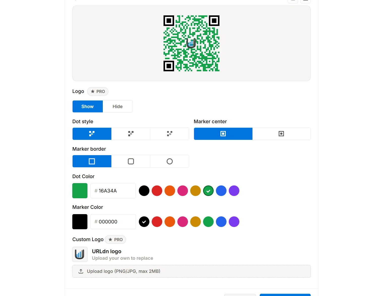 QR code design customization panel showing dot style, marker style, and color options in URLdn