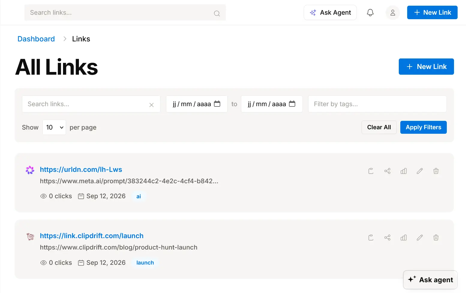 URLdn All Links dashboard showing short links with tags, click counts, and creation dates