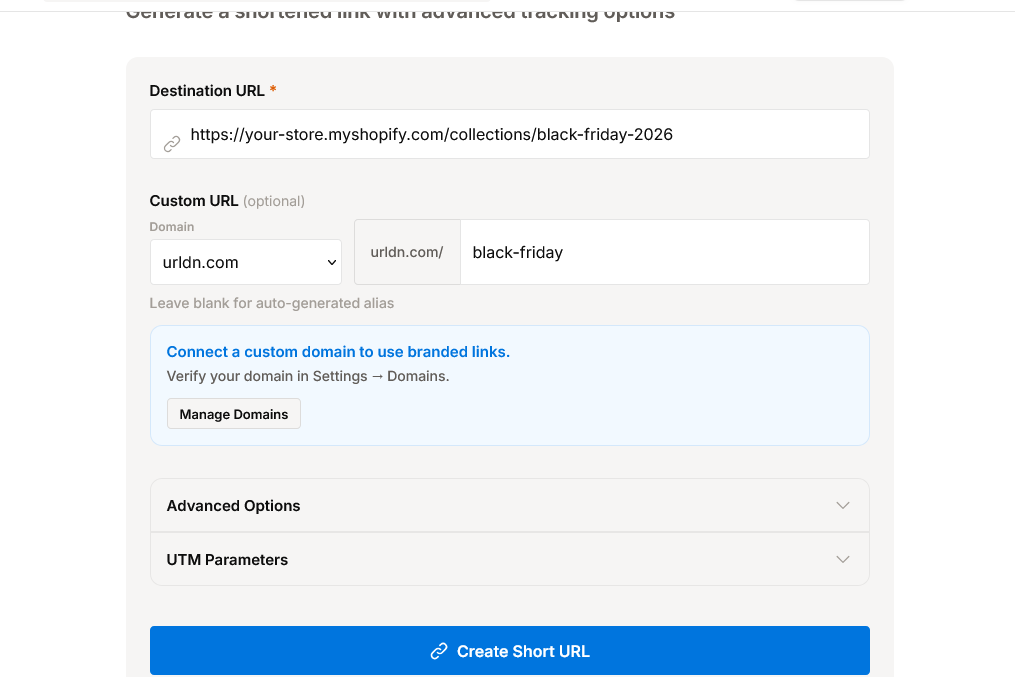 Creating a tagged, UTM-tracked short link in URLdn